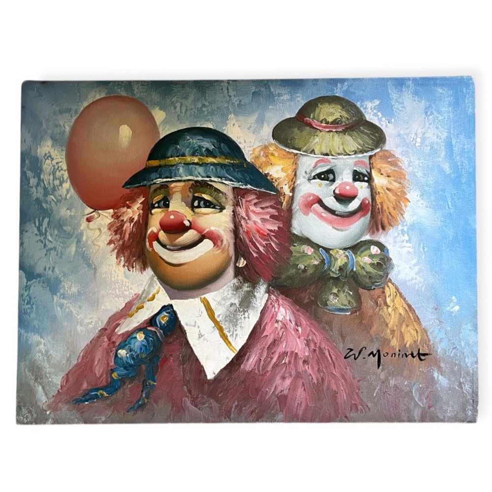 William Moninet Original Painting PORTRAIT of TWO CLOWNS on Canvas 16” L x 12” T